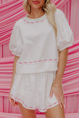White Contrast Bow Trim Pearl Puff Sleeve Blouse and Skort 2pcs Set White 85%Polyester+10%Cotton+5%Elastane Short Sets JT's Designer Fashion