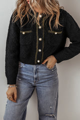 Black Shimmer Flap Pocket Button up Cardigan Black 100%Polyester Cardigans JT's Designer Fashion