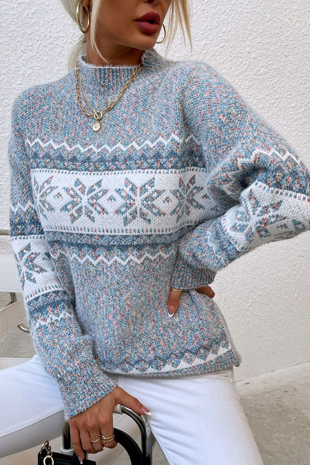 Gray Retro Snowflake Pattern Mock Neck Fuzzy Sweater Sweaters JT's Designer Fashion