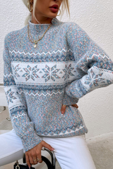 Gray Retro Snowflake Pattern Mock Neck Fuzzy Sweater Sweaters JT's Designer Fashion