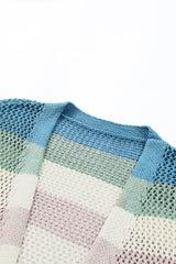 Green Striped Color Block Hollowed Knit Cardigan Sweaters & Cardigans JT's Designer Fashion