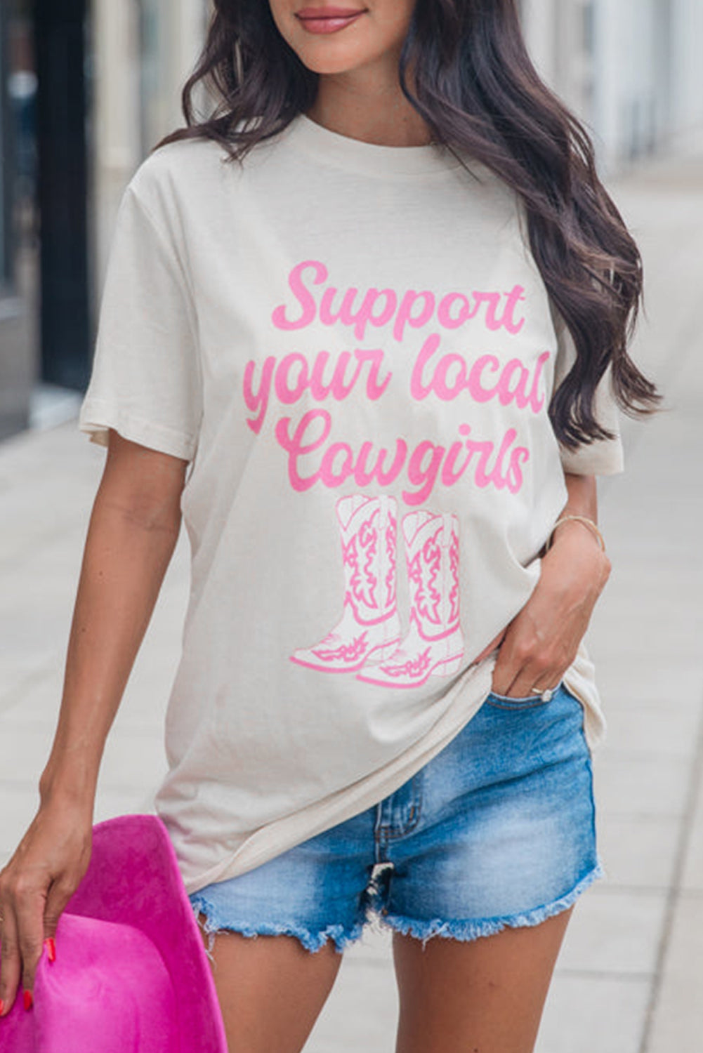 White Support Your Local Cowgirls Boots Print Crewneck Tee Graphic Tees JT's Designer Fashion