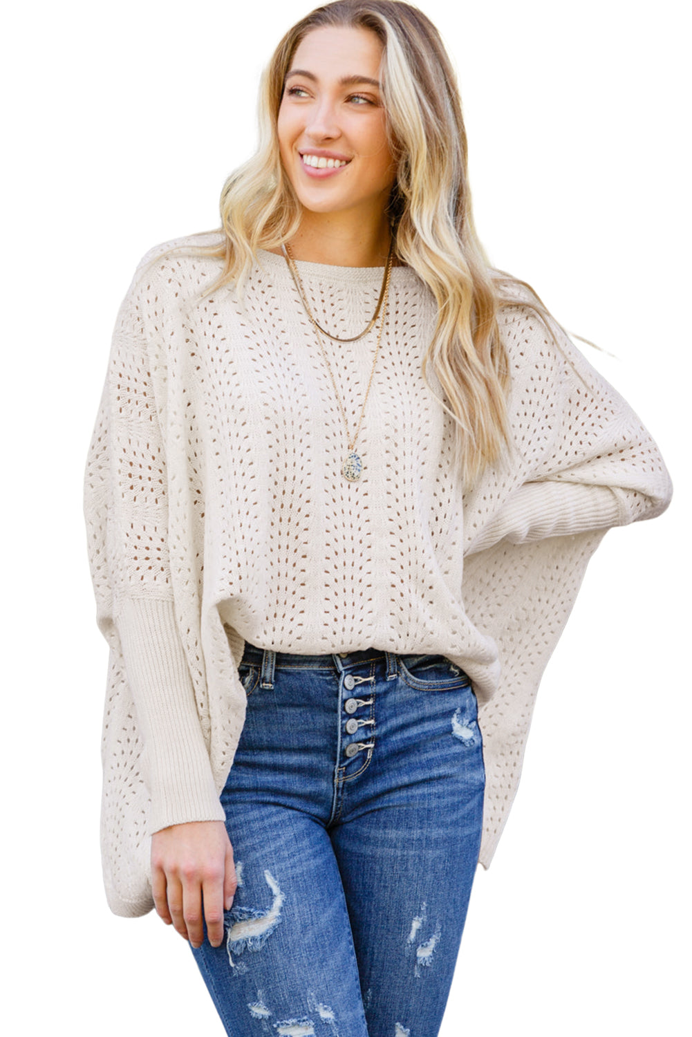 Beige Ribbed Hollow Knit Dolman Sleeve Sweater Sweaters & Cardigans JT's Designer Fashion