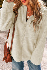 Beige Fleece Zip Up Drawstring Hooded Pocketed Jacket Jackets JT's Designer Fashion