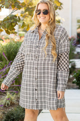 White Stripe Plus Size Plaid Buttoned Raw Hem Tunic Shirt Dress Plus Size Midi Dresses JT's Designer Fashion