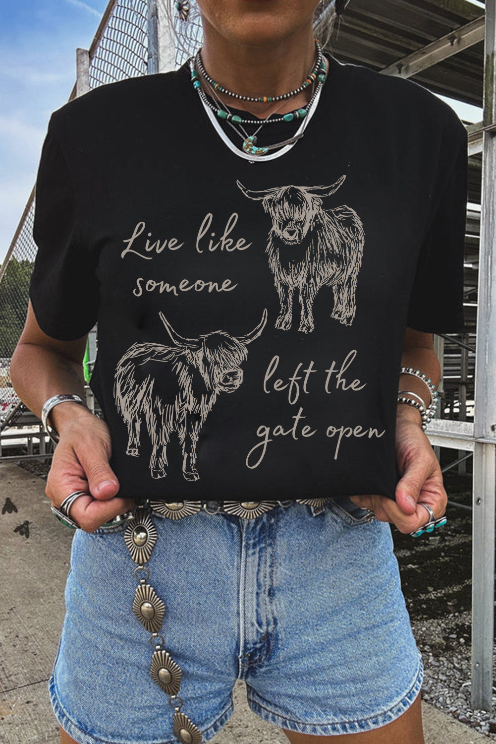 Black Western Cow Print Round Neck Casual Tee Graphic Tees JT's Designer Fashion