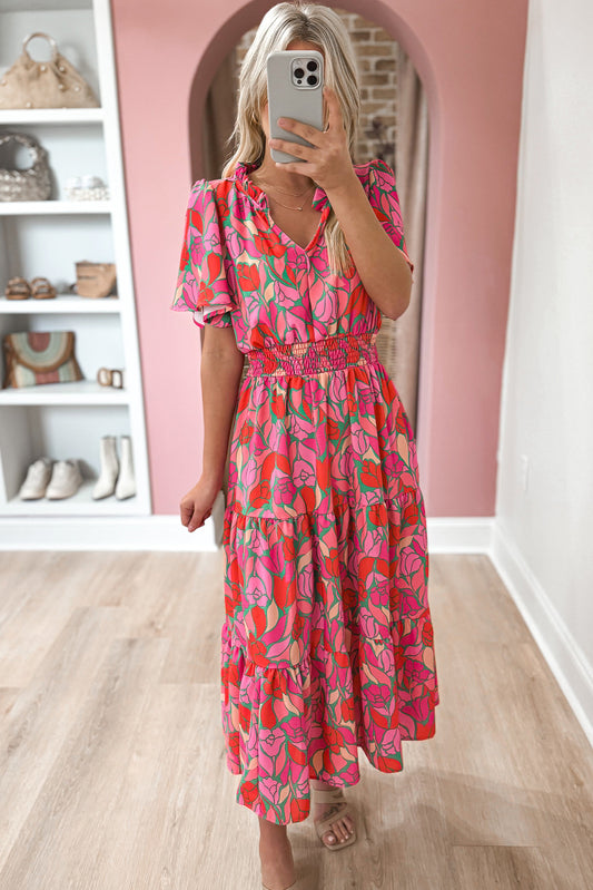 Rose Floral Short Sleeve Smocked Waist Maxi dress Dresses JT's Designer Fashion