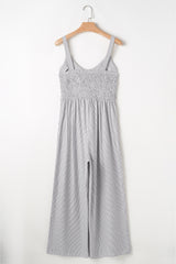Black Stripe Half Buttoned Sleeveless Wide Leg Jumpsuit Jumpsuits & Rompers JT's Designer Fashion