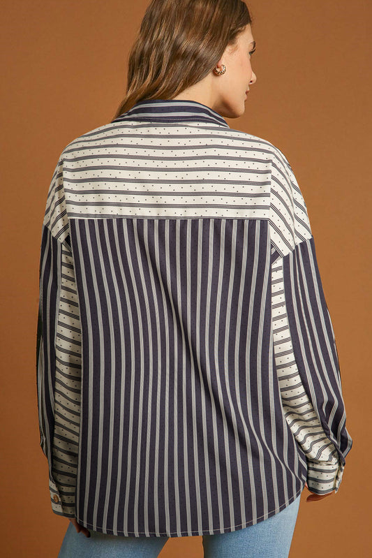 Black Stripe 2-tone Patchwork Half Buttons Chest Pockets Casual Blouse Blouses & Shirts JT's Designer Fashion