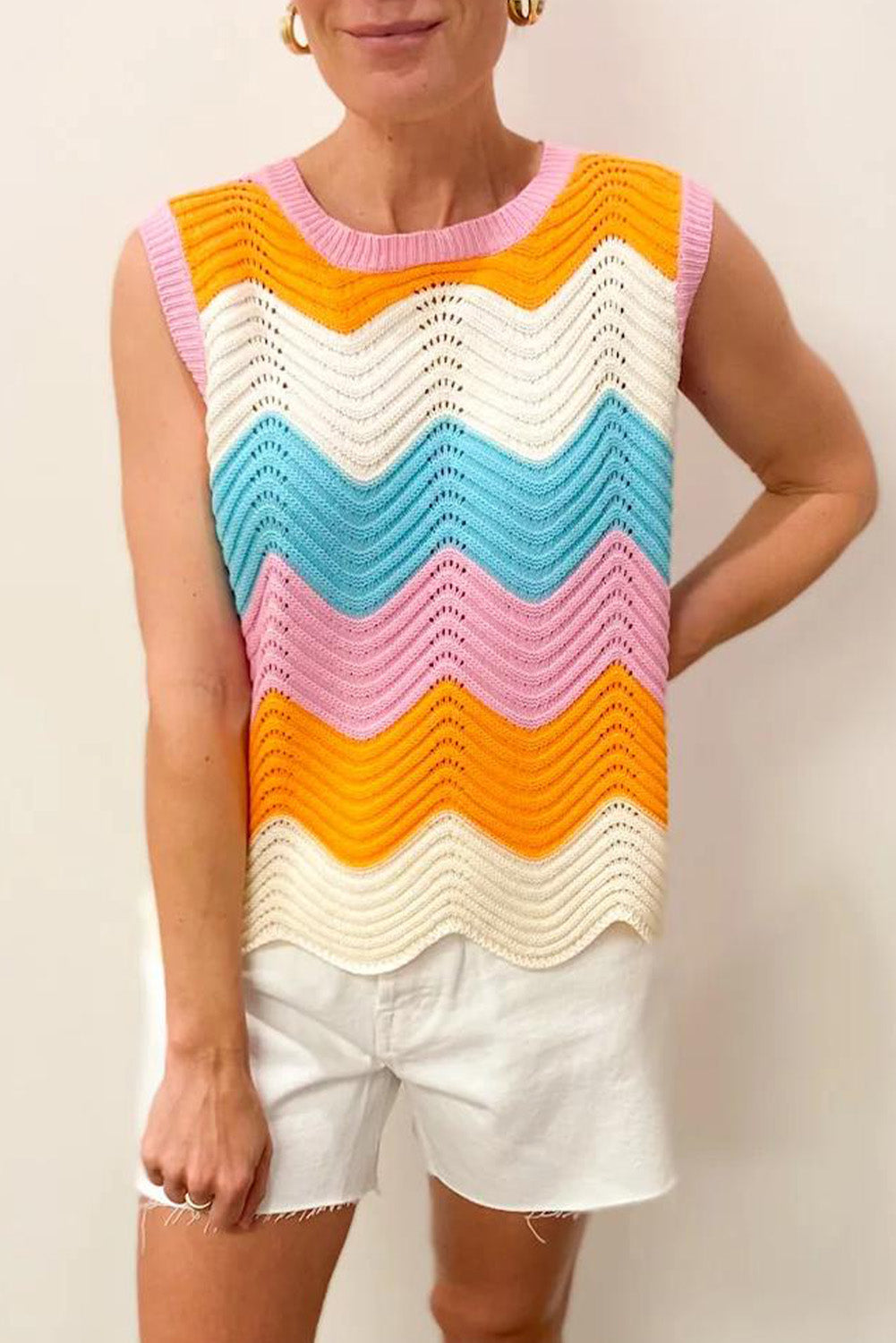 Multicolour Striped Colorblock Scalloped Hem Knitted Vest Multicolour Sweaters & Cardigans JT's Designer Fashion