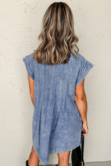 Beau Blue Tie V Neck Tucking Detail Short Sleeve Denim Shift Dress Mini Dresses JT's Designer Fashion