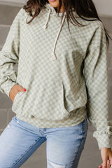 Green Checkered Print Kangaroo Pocket Drawstring Hoodie Sweatshirts & Hoodies JT's Designer Fashion