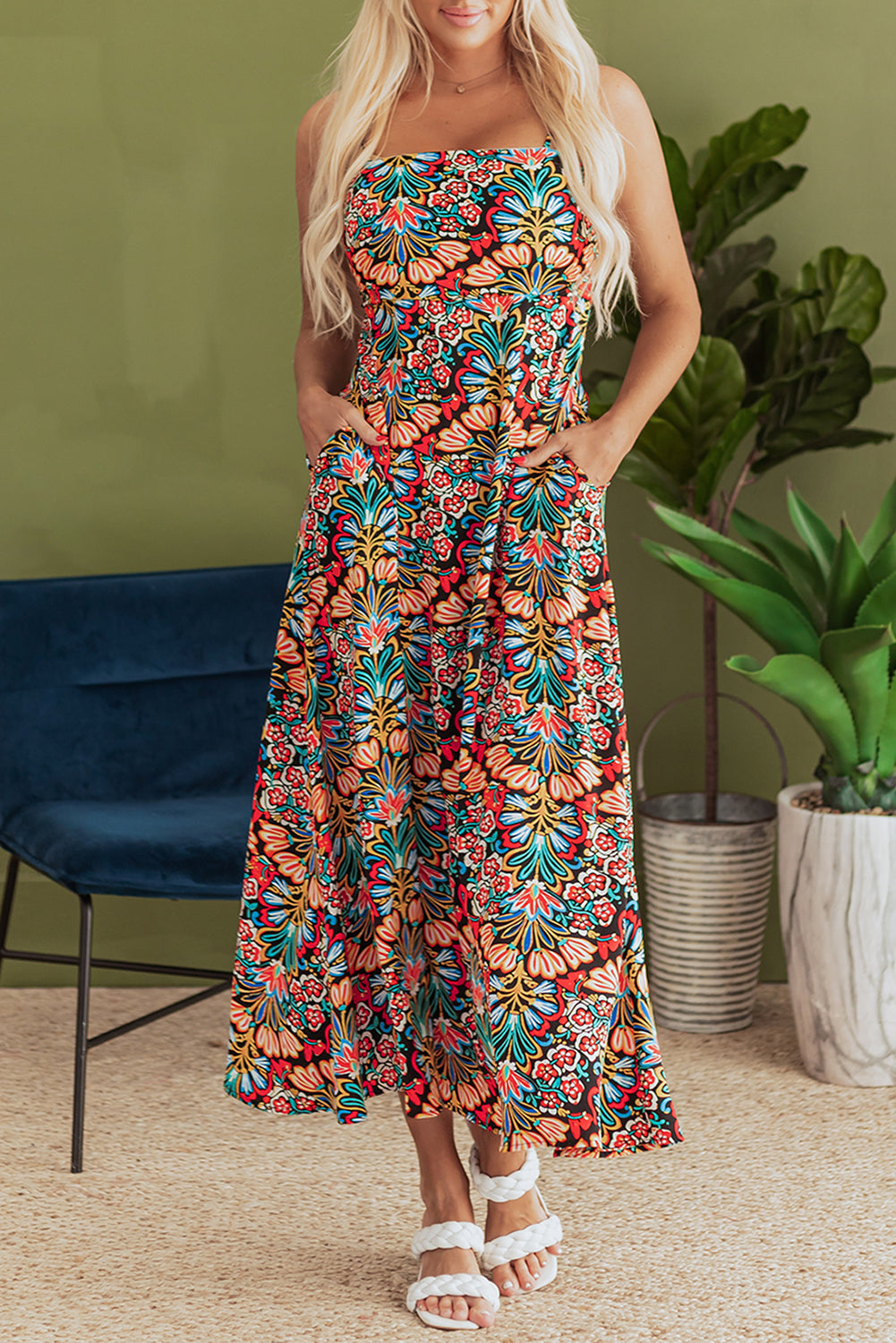 Black Boho Floral Print Thin Straps Sleeveless High Waist Maxi Dress Floral Dresses JT's Designer Fashion
