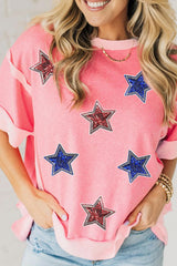 Peach Blossom Independence Day Sequin Star Graphic Contrast Patchwork Tee Graphic Tees JT's Designer Fashion