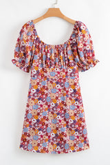 Red Floral Puff Sleeve Square Neck Knot Open Back Mini Dress Floral Dresses JT's Designer Fashion