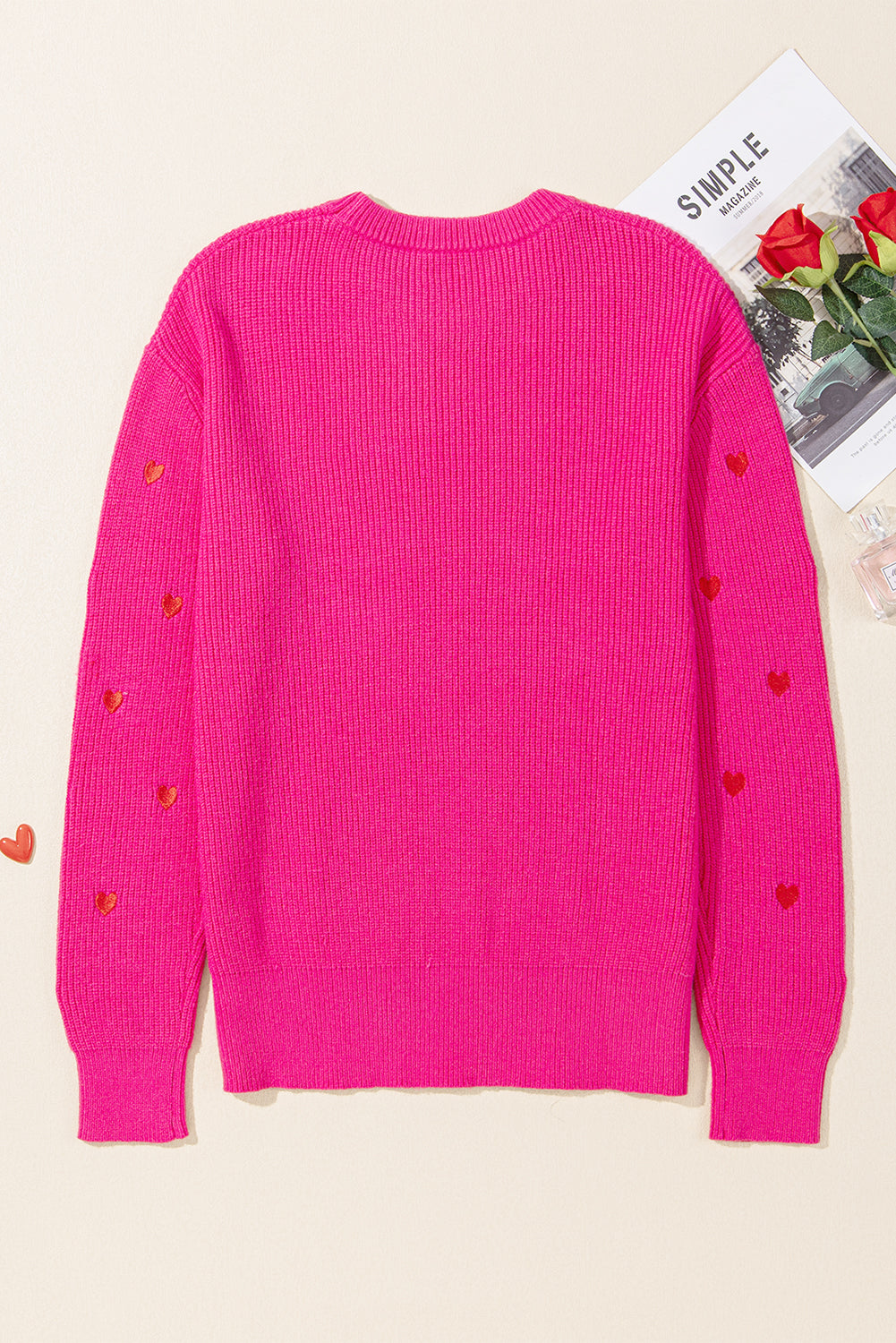 Rose Red Heart Shape Drop Shoulder Round Neck Sweater Sweaters JT's Designer Fashion