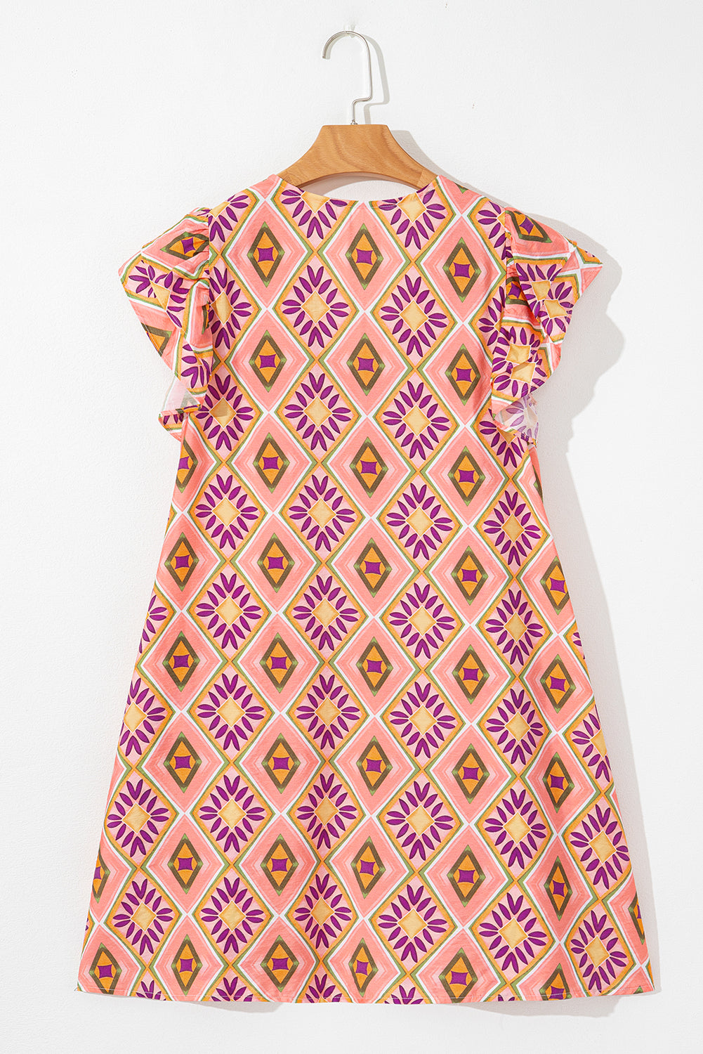 Orange Geometric Floral V Neck Buttoned Ruffled Sleeve Mini Dress Mini Dresses JT's Designer Fashion