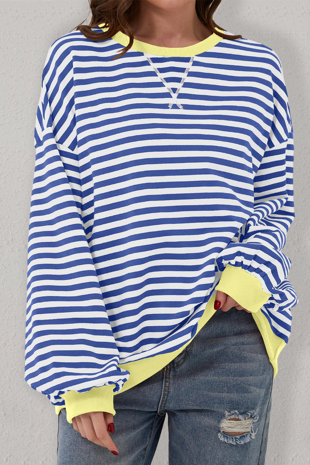 Blue Stripe Oversized Contrast Trim Pullover Sweatshirt Sweatshirts & Hoodies JT's Designer Fashion