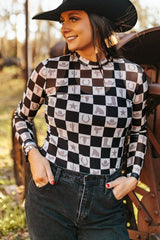 Black Checkerboard Western Elements Printed Mesh Long Sleeve Top Long Sleeve Tops JT's Designer Fashion