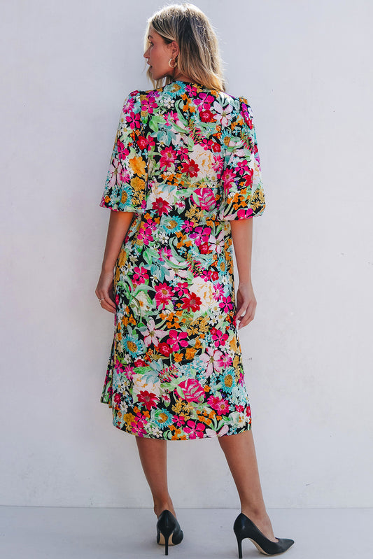 Green Floral Puff Sleeve V Neck Tassel Drawstring Dress Floral Dresses JT's Designer Fashion