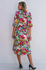 Green Floral Puff Sleeve V Neck Tassel Drawstring Dress Floral Dresses JT's Designer Fashion