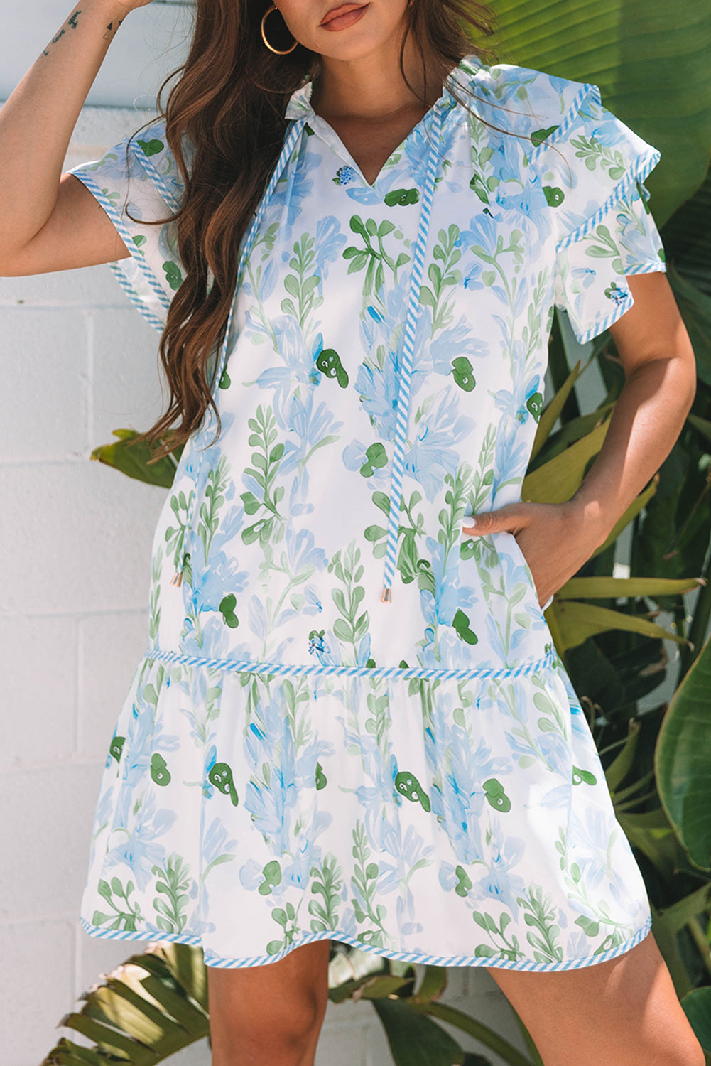 Sky Blue Floral Contrast Edge Layered Short Sleeve Mini Dress Floral Dresses JT's Designer Fashion