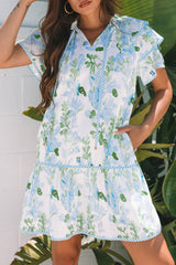 Sky Blue Floral Contrast Edge Layered Short Sleeve Mini Dress Floral Dresses JT's Designer Fashion