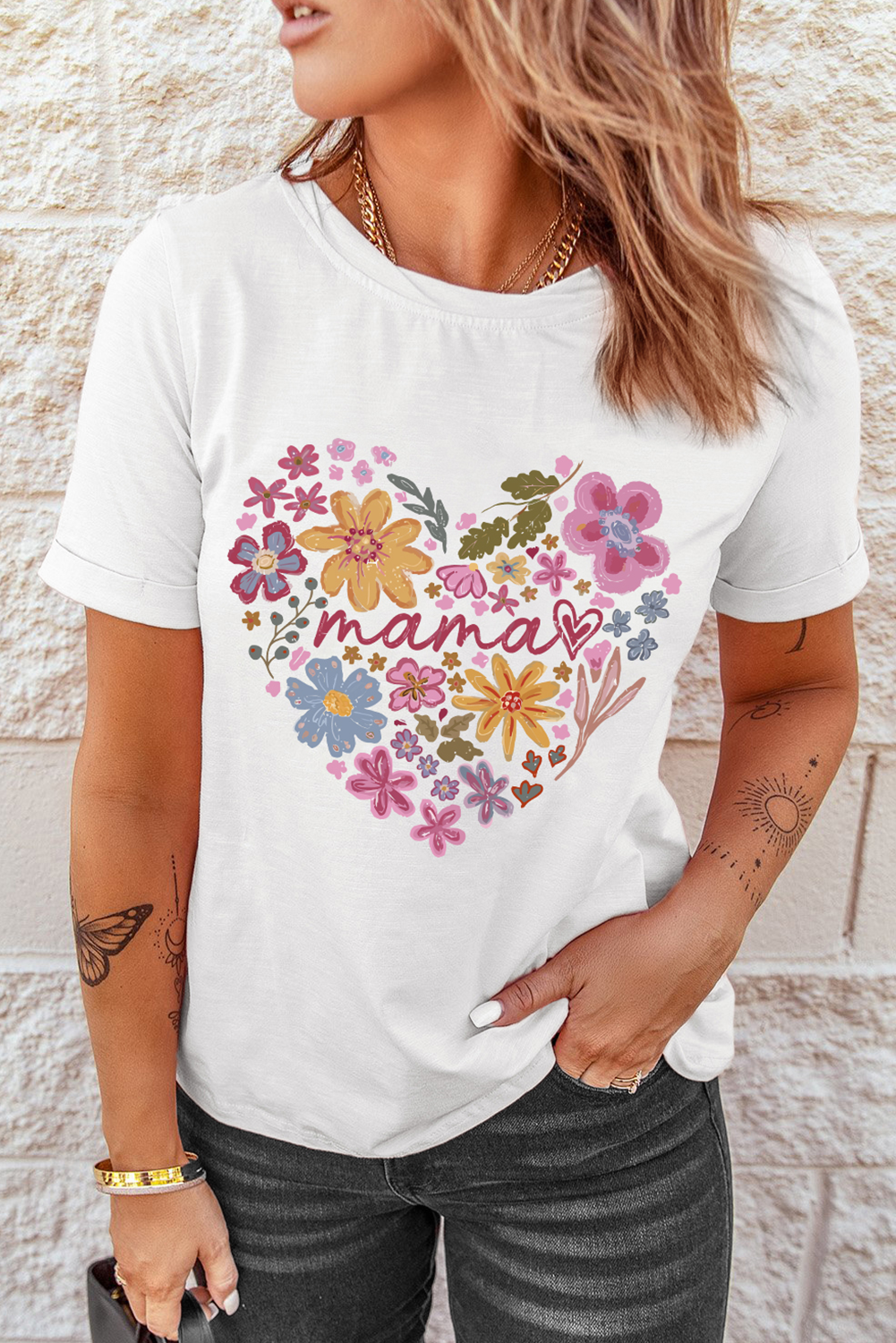 White MAMA Flower Heart Cotton Blend Graphic Tee Graphic Tees JT's Designer Fashion