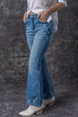 Sky Blue Slight Distressed Medium Wash Flare Jeans Jeans JT's Designer Fashion