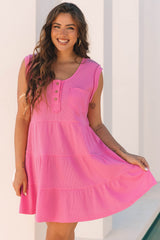 Bright Pink Waffle Textured Button Round Neck A-line Tiered Sleeveless Dress Mini Dresses JT's Designer Fashion
