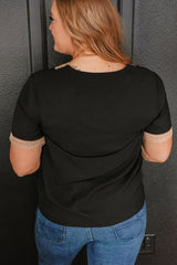 Black Lace Trim Short Sleeve V Neck Plus Size Top Plus Size JT's Designer Fashion