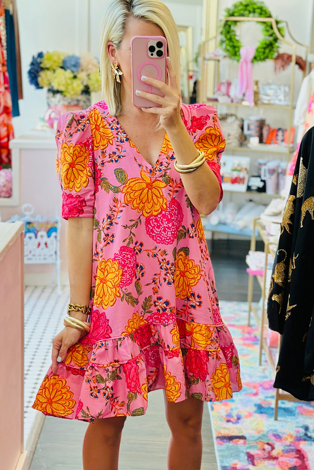Pink Floral Bubble Sleeve V Neck Ruffled Mini Dress Floral Dresses JT's Designer Fashion