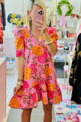 Pink Floral Bubble Sleeve V Neck Ruffled Mini Dress Floral Dresses JT's Designer Fashion