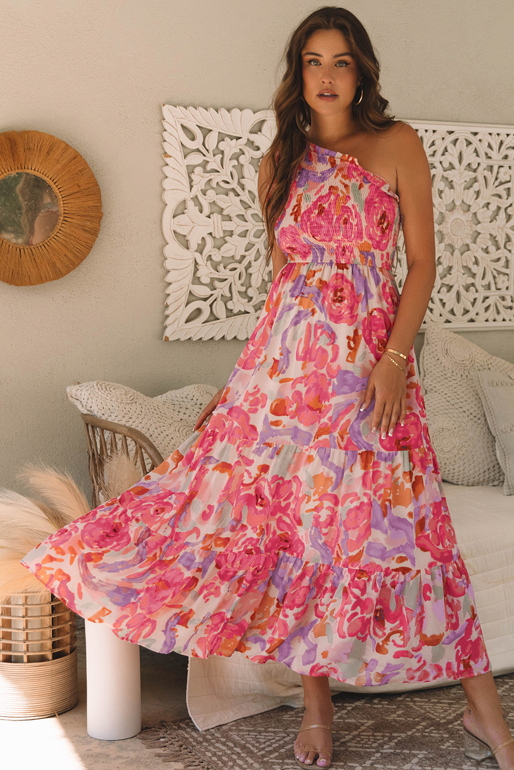Pink Abstract Floral Print Shirred One Shoulder Maxi Dress Floral Dresses JT's Designer Fashion