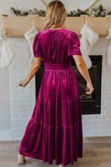 Red Dahlia Velvet Short Sleeve Shirred Waist Tiered Long Dress Maxi Dresses JT's Designer Fashion