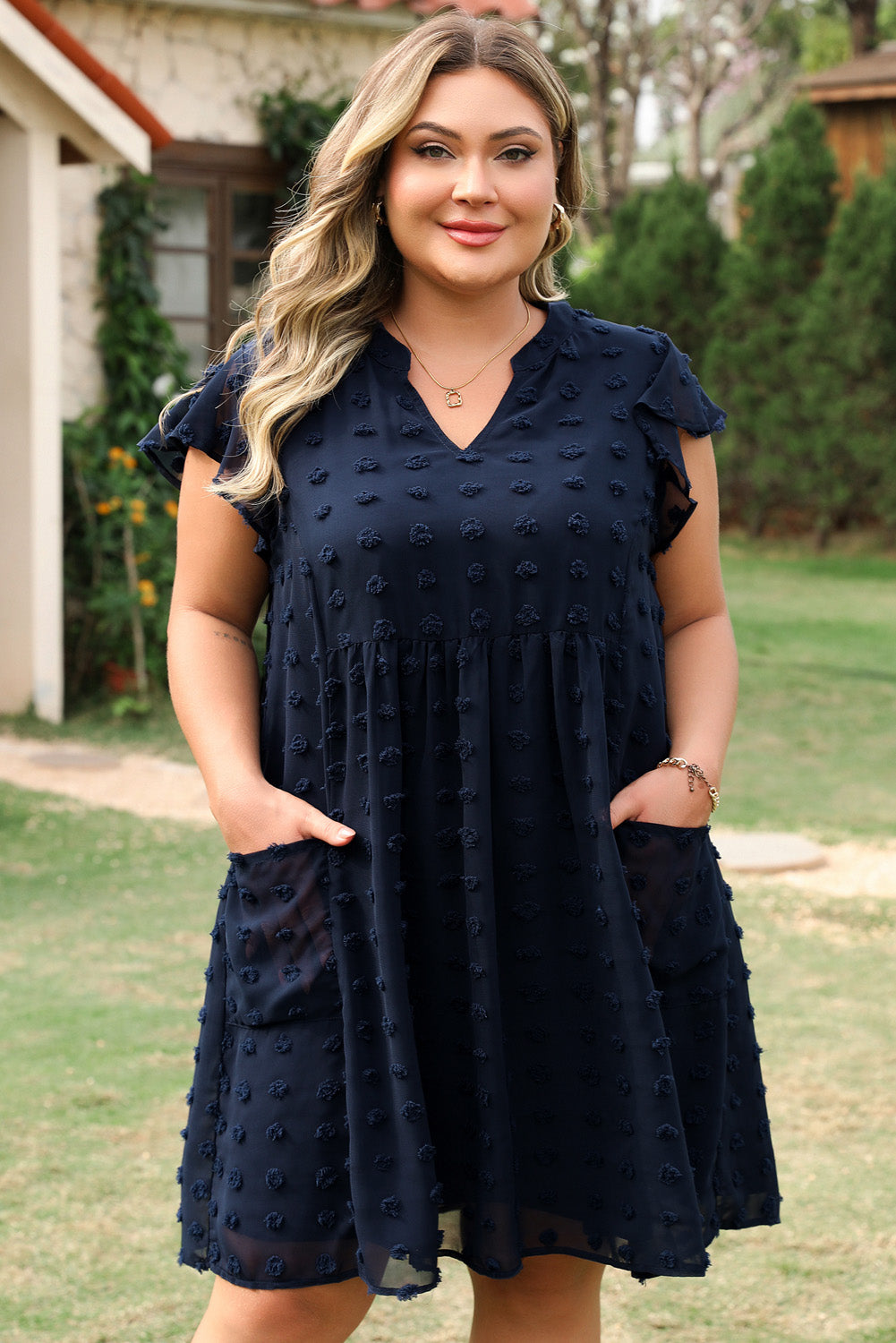 Navy Blue Dotty Textured Notched Neck Plus Ruffled Dress Plus Size Mini Dresses JT's Designer Fashion