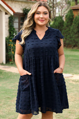 Navy Blue Dotty Textured Notched Neck Plus Ruffled Dress Plus Size Mini Dresses JT's Designer Fashion