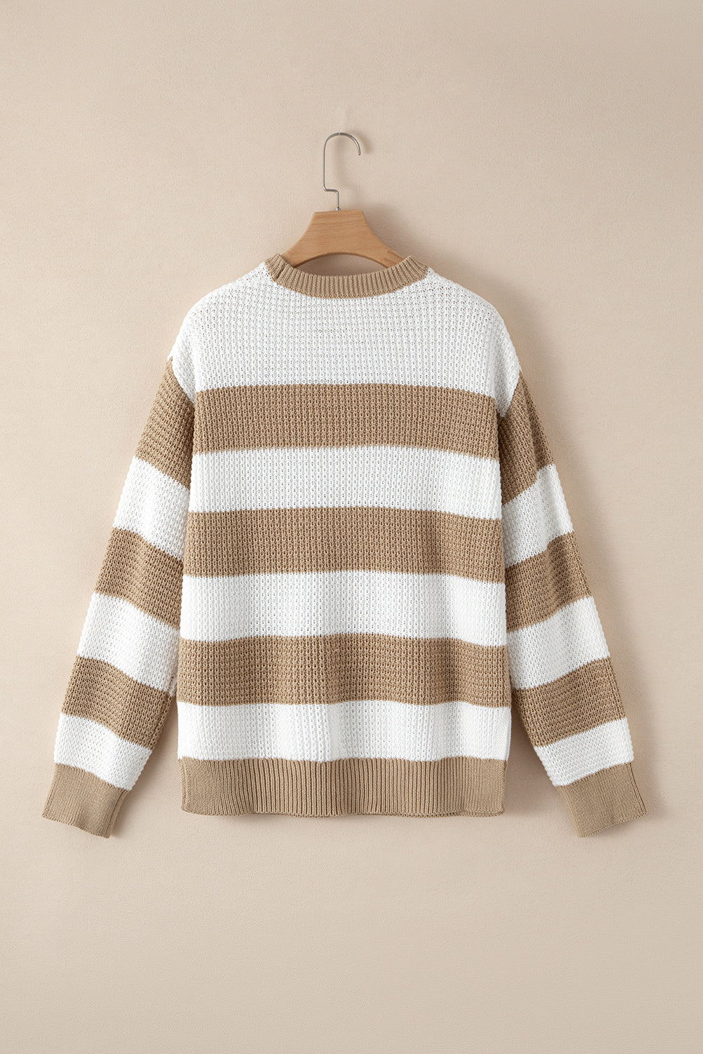 Light French Beige Colorblock Striped Drop Shoulder Side Slit Sweater Sweaters JT's Designer Fashion
