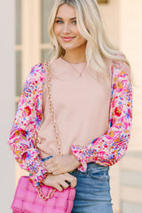 Oatmeal Floral Printed Patchwork Smocked Lantern Sleeve Knit Top Sweaters JT's Designer Fashion