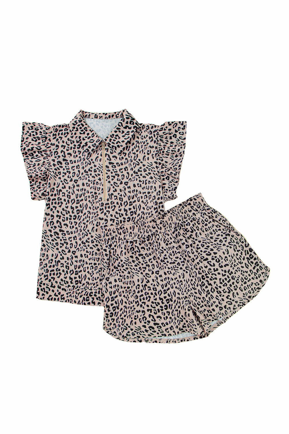 Brown Leopard Half Zipper Collared Ruffled Sleeve Top and Short Set Short Sets JT's Designer Fashion