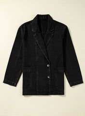 Black Side Pockets Lapel Collar Denim Jacket Denim Jackets JT's Designer Fashion