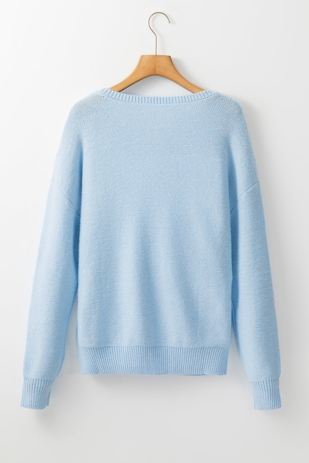 Light Blue Knitted Flower Pattern Ribbed Edge Sweater Sweaters JT's Designer Fashion