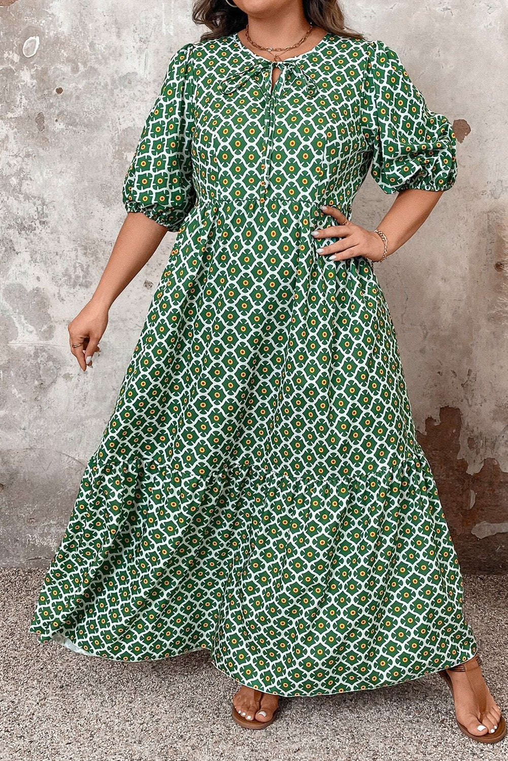 Green Geometric Floral Print Half Sleeve Plus Size Maxi Dress Plus Size Maxi Dresses JT's Designer Fashion