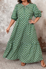 Green Geometric Floral Print Half Sleeve Plus Size Maxi Dress Plus Size Maxi Dresses JT's Designer Fashion