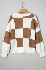 Khaki Checkered Pattern Ribbed Detail Button V Neck Sweater Cardigan Cardigans JT's Designer Fashion