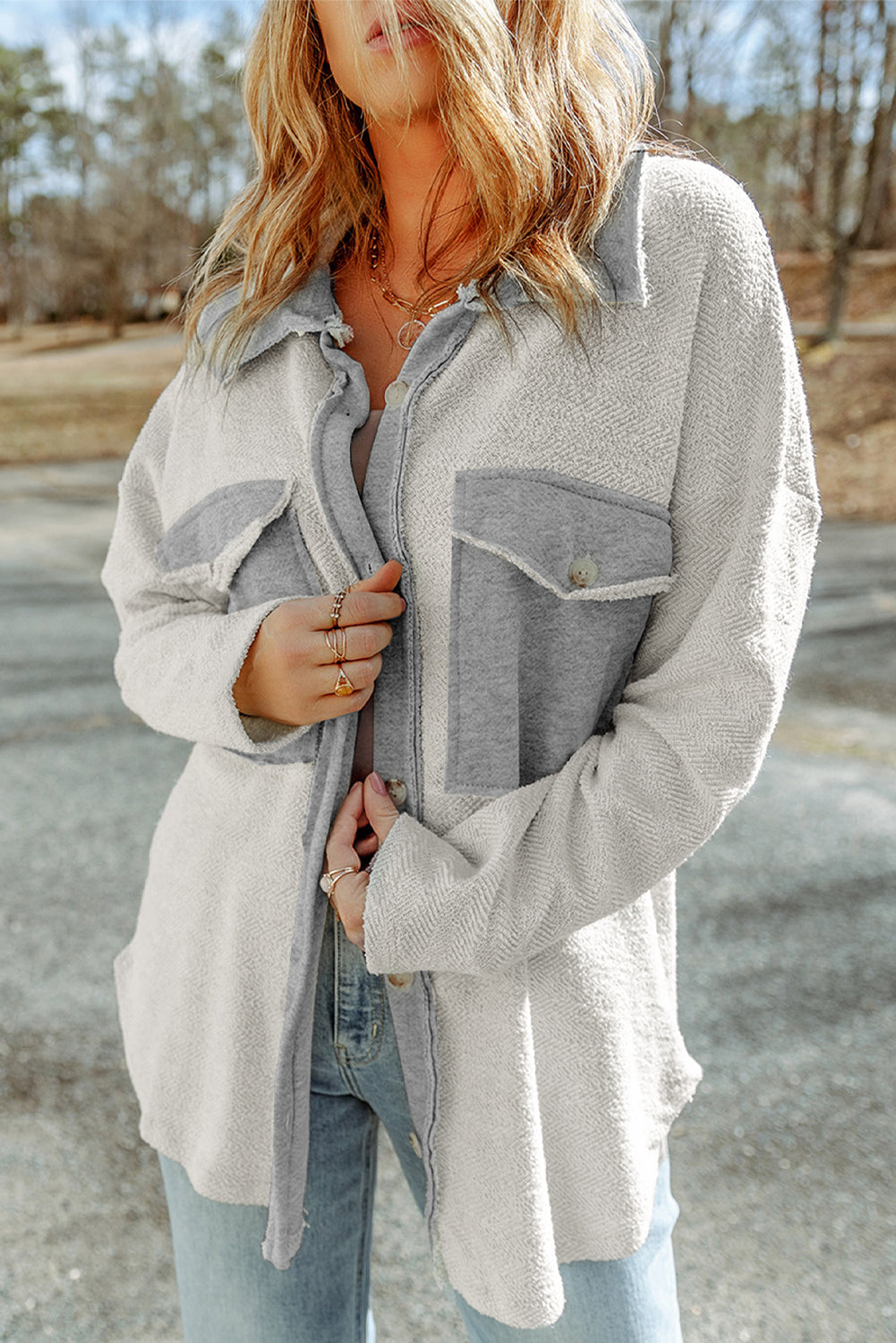 Gray Contrast Flap Pockets Relaxed Shacket Jackets JT's Designer Fashion