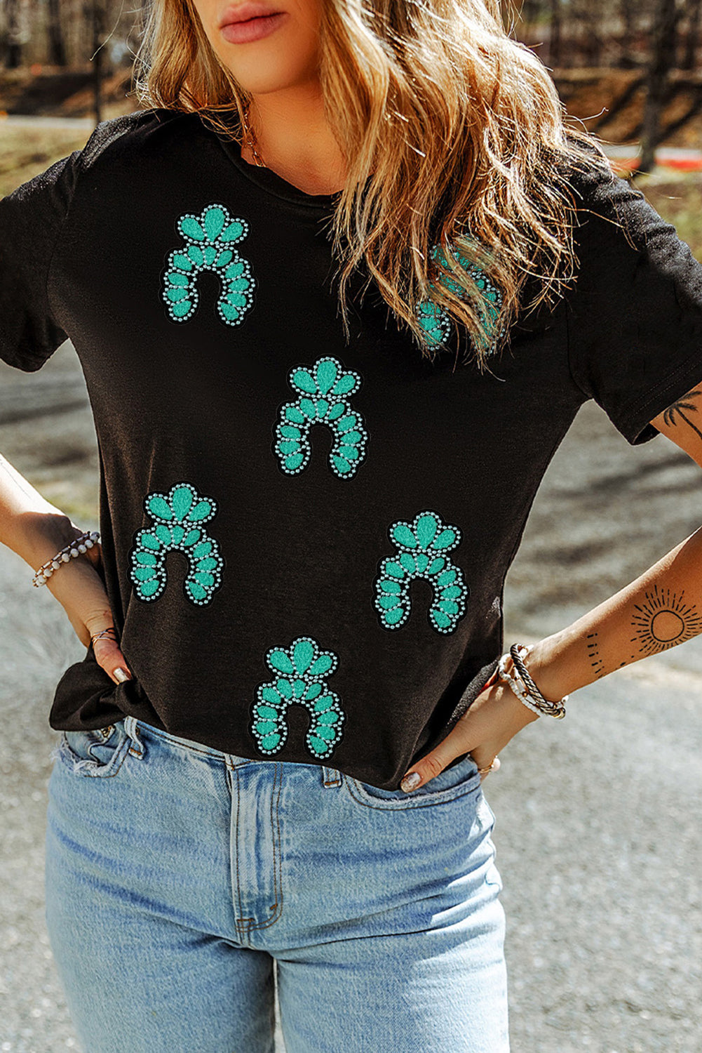 Black Western Turquoise Pattern Sequin Patched T Shirt Graphic Tees JT's Designer Fashion