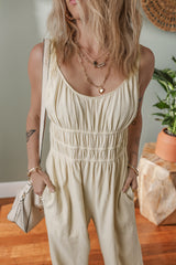 Beige Ruched High Waist Sleeveless Wide Leg Jumpsuit Jumpsuits & Rompers JT's Designer Fashion