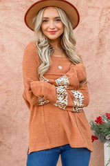 Apricot Leopard Splicing Exposed Seam Waffle Knit Top Long Sleeve Tops JT's Designer Fashion