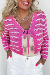 Pink Stripe Crochet Scalloped Trim Lace-up Front Cropped Cardigan Pink Stripe 100%Acrylic Cardigans JT's Designer Fashion